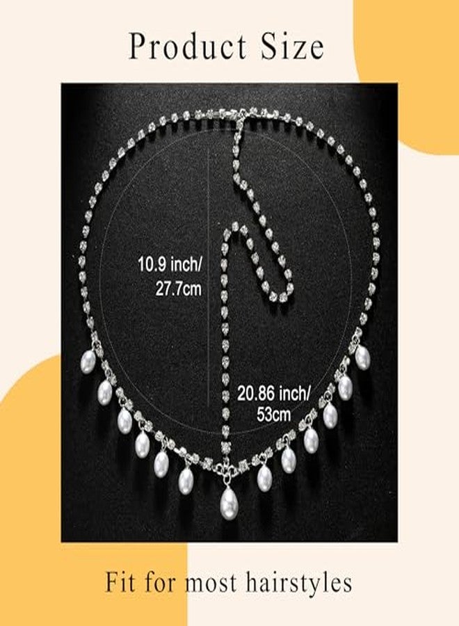 Cerun 1 Pcs PremiumSilver Head Chain Pearls Pendant Headpiece Sparkly Rhinestone Boho Headpiece Shiny Tassel Hair Chain Bridal Party Costume Hair Accessories for Women and Girls - Image 2